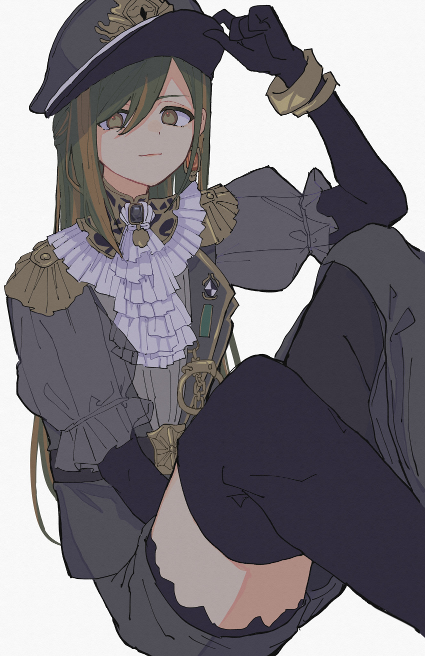 1girl absurdres adxrhk aiguillette alternate_costume bracelet cuffs feet_out_of_frame green_hair grey_footwear grey_shirt hair_between_eyes hand_on_headwear handcuffs hat highres idolmaster idolmaster_shiny_colors jewelry layered_ascot long_hair looking_at_viewer military_uniform nanakusa_nichika peaked_cap puffy_short_sleeves puffy_sleeves shirt short_sleeves simple_background sitting solo uniform very_long_hair white_background