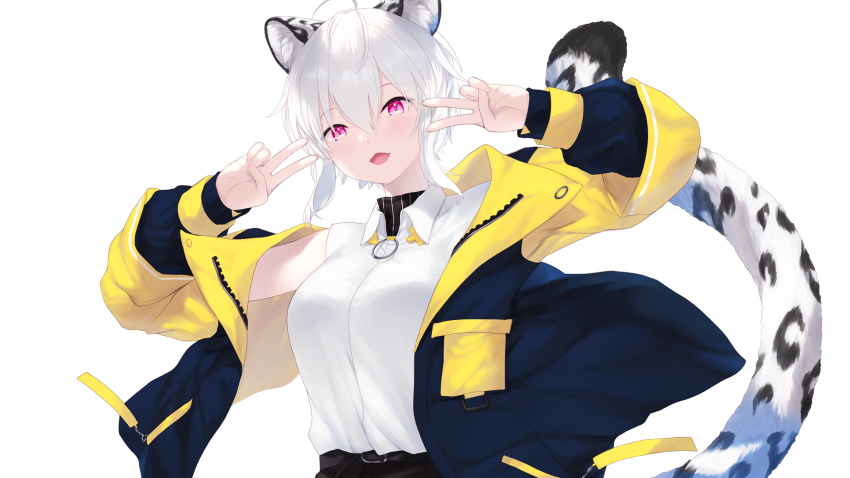 1girl animal_ear_fluff animal_ears belt belt_buckle black_belt black_shorts blue_jacket breasts buckle cait_aron collared_shirt double_v dress_shirt hair_between_eyes hands_up highres indie_virtual_youtuber jacket kusubashi_shiya leopard_ears leopard_girl leopard_tail long_sleeves looking_at_viewer medium_breasts open_clothes open_jacket puffy_long_sleeves puffy_sleeves shirt shorts simple_background sleeves_past_wrists solo tail upper_body v violet_eyes virtual_youtuber white_background white_hair white_shirt