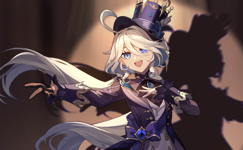 1girl ascot asymmetrical_gloves black_ascot black_gloves black_shirt blue_bow blue_coat blue_eyes blue_hair blue_headwear bow brown_background coat colored_inner_hair commentary cowlick furina_(genshin_impact) genshin_impact gloves hair_over_one_eye hand_on_own_chest hat hat_ribbon heterochromia highres jacket light_blue_hair long_hair looking_at_viewer mismatched_gloves multicolored_hair mumu123 open_mouth ribbon shadow shirt simple_background smile solo spotlight teeth top_hat upper_body upper_teeth_only white_gloves white_hair white_jacket