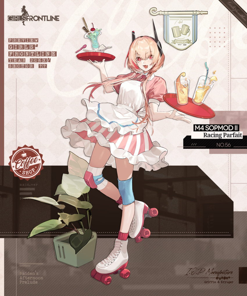 1girl :d animal_print apron banner black_background blonde_hair brown_background cat_print character_name commentary copyright_name cup dress drinking_glass drinking_straw english_commentary food full_body girls_frontline hair_between_eyes headgear highres holding holding_tray ice ice_cream ice_cream_float ice_cube knee_pads looking_at_viewer m4_sopmod_ii_(girls'_frontline) multicolored_background multicolored_hair necktie official_alternate_costume official_art open_mouth pink_dress pink_necktie plant potted_plant print_apron promotional_art puffy_short_sleeves puffy_sleeves red_eyes red_socks redhead roller_skates second-party_source short_sleeves simple_background skates smile socks solo spoon streaked_hair sundae tray umo_(mica_team) wafer_stick waitress white_apron white_background white_footwear