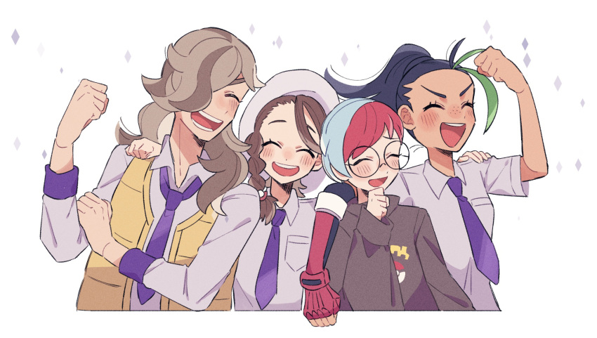 1boy 3girls :d arven_(pokemon) black_hair blush braid breast_pocket brown_hair clenched_hand closed_eyes collared_shirt commentary_request facing_viewer glasses green_hair hair_over_one_eye hand_up happy hat highres hime_(himetya105) juliana_(pokemon) long_hair multicolored_hair multiple_girls necktie nemona_(pokemon) open_mouth penny_(pokemon) pocket pokemon pokemon_sv ponytail purple_necktie round_eyewear school_uniform shirt smile teeth two-tone_hair vest yellow_vest