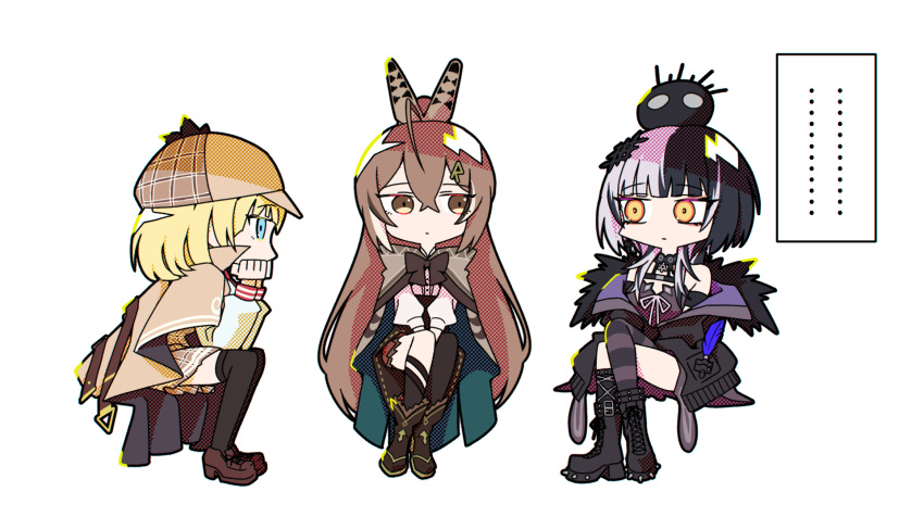 3girls ahoge asymmetrical_legwear black_choker black_coat black_dress black_footwear black_hair black_socks black_thighhighs blob blonde_hair blue_eyes boots bow bowtie brown_bow brown_bowtie brown_cloak brown_coat brown_eyes brown_footwear brown_hair brown_hat brown_skirt chest_belt chibi choker cloak closed_mouth coat commentary cross-laced_footwear crossed_bangs crossed_legs deerstalker dress english_commentary expressionless feather_hair_ornament feathers fur-trimmed_coat fur_trim grey_hair hair_between_eyes hair_ornament hairclip hand_on_own_chin hat head_rest highres hololive hololive_english invisible_chair lace lace-up_boots lace_choker loafers long_hair long_sleeves looking_at_another looking_to_the_side multicolored_hair multiple_girls nanashi_mumei nanashi_mumei_(1st_costume) off_shoulder plaid plaid_skirt pleated_skirt shiori_novella shiori_novella_(1st_costume) shirt shoes sideways_glance single_sock single_thighhigh sitting skirt socks spiked_footwear split-color_hair streaked_hair striped_clothes striped_thighhighs taka_t thigh-highs two-tone_hair uneven_legwear v_arms very_long_hair virtual_youtuber watson_amelia watson_amelia_(1st_costume) white_background white_hair white_shirt yellow_eyes yorick_(shiori_novella)