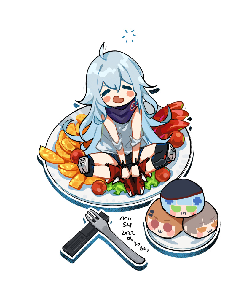 1girl absurdres blue_hair blush_stickers boots character_doll closed_mouth food fork fruit g11_(girls'_frontline) girls_frontline highres hk416_(girls'_frontline) indian_style knee_pads long_hair mush open_mouth plate simple_background sitting solo ump45_(girls'_frontline) ump9_(girls'_frontline) white_background