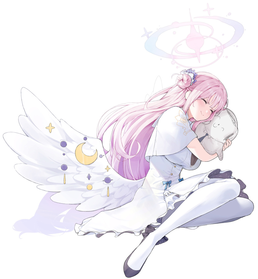1girl angel_wings black_footwear blue_archive breasts closed_eyes closed_mouth commentary dress english_commentary feathered_wings flower hair_bun hair_flower hair_ornament hair_scrunchie halo highres hyury large_breasts long_hair low_wings mika_(blue_archive) pantyhose pink_hair pink_halo scrunchie simple_background single_side_bun smile solo white_background white_dress white_pantyhose white_wings wing_ornament wings