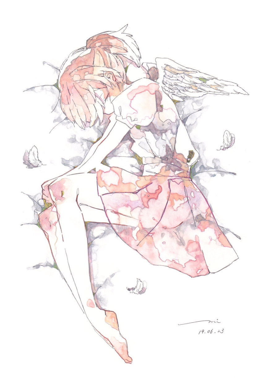 1girl bare_arms bare_legs barefoot closed_eyes colored_skin dated dress feathers full_body hair_over_one_eye highres lying multicolored_clothes multicolored_dress on_side orange_hair original painting_(medium) puffy_short_sleeves puffy_sleeves short_ponytail short_sleeves signature solo traditional_media umi_cryblue watercolor_(medium) white_background white_skin