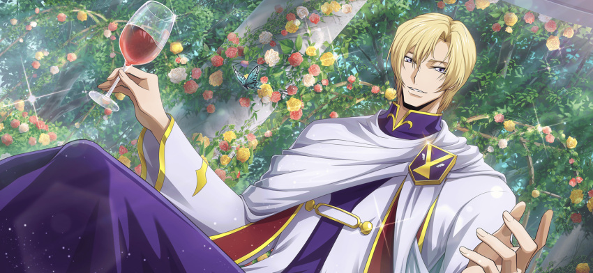 1boy alcohol artist_request blonde_hair blue_eyes bug bush butterfly cloak code_geass code_geass:_lost_stories cup drink drinking_glass dutch_angle flower game_cg garden glint hair_between_eyes half-closed_eyes hands_up highres holding holding_cup holding_drink ivy lens_flare light_particles light_rays long_sleeves looking_at_viewer male_focus non-web_source official_art parted_lips pillar purple_robe red_flower red_rose robe rose schneizel_el_britannia short_hair sidelocks sitting smile solo sparkle teeth tree white_cloak white_flower white_rose wide_sleeves wine wine_glass yellow_flower yellow_rose