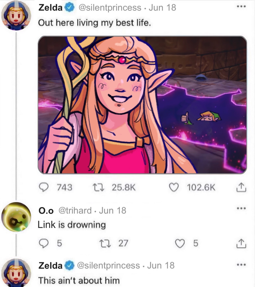 1boy 1girl asphyxiation blonde_hair drowning emilye_draws english_text fake_screenshot grin hand_up highres link long_hair looking_at_viewer meme out_here_living_my_best_life_(meme) pointy_ears princess_zelda selfie smile staff teeth the_legend_of_zelda the_legend_of_zelda:_echoes_of_wisdom thumbs_up twitter