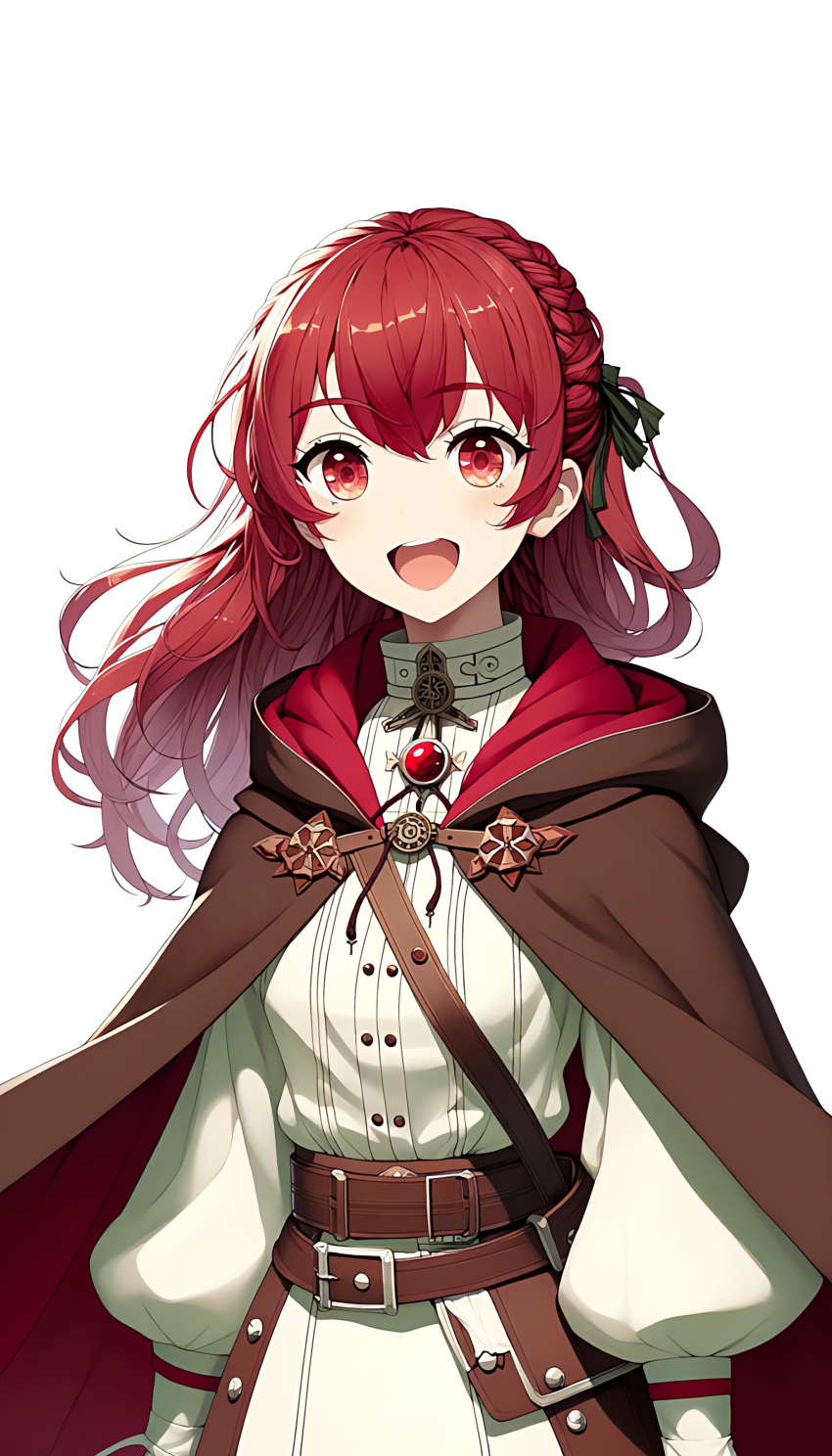 1girl absurdres ai-generated black_ribbon braid hair_ribbon highres hood long_sleeves looking_at_viewer medieval non-web_source open_mouth red_eyes redhead ribbon smile solo