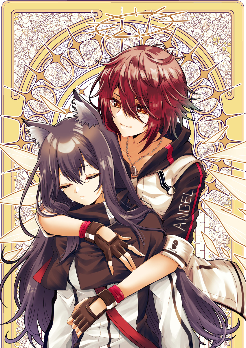 2girls absurdres animal_ears arknights black_gloves black_hair chiwa_(chiwawanwan1206) closed_eyes collarbone commentary_request english_text exusiai_(arknights) fingerless_gloves gloves highres hug hug_from_behind messy_hair multiple_girls pale_skin red_eyes redhead tears texas_(arknights) wolf_ears yellow_background yuri