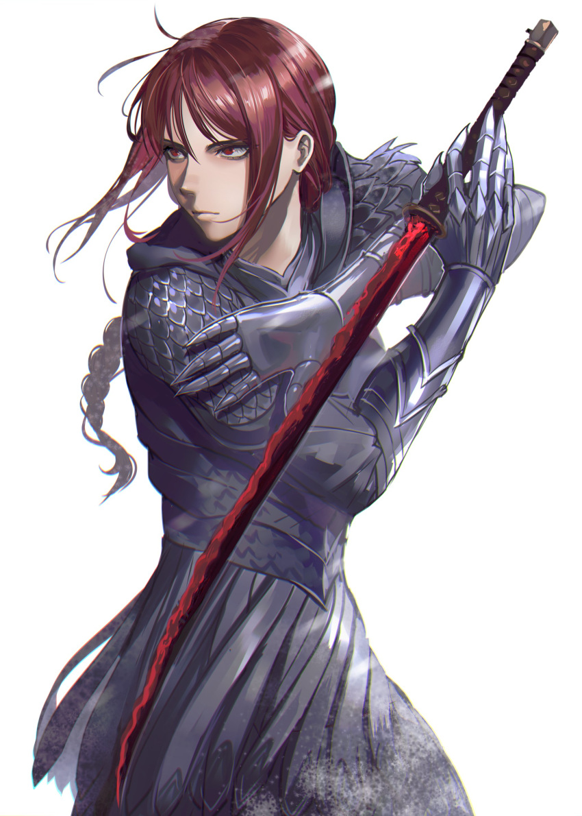 1girl absurdres armor braid braided_ponytail chromatic_aberration commentary elden_ring english_commentary gauntlets hanneli_(hanny) hanny_(uirusu_chan) highres holding holding_sword holding_weapon katana long_hair looking_to_the_side red_eyes redhead serious simple_background solo sword tarnished_(elden_ring) weapon white_background