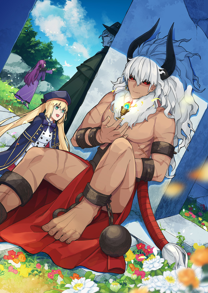 2boys 2girls artoria_caster_(fate) artoria_caster_(second_ascension)_(fate) artoria_pendragon_(fate) asterios_(fate) barefoot black_cape black_hat black_horns black_sclera blonde_hair blue_bow blue_bowtie blue_cape blue_hat blue_sky bow bowtie cape closed_mouth clouds colored_sclera commentary_request cow_horns dark-skinned_male dark_skin day dress edmond_dantes_(fate) fate/grand_order fate_(series) floating floating_object flower gold_trim grass green_eyes hair_between_eyes hat height_difference highres horns jest_ht90 long_hair multiple_boys multiple_girls multiple_scars muscular muscular_male open_mouth orange_flower outdoors pink_flower purple_dress purple_hair red_eyes red_flower scar scathach_(fate) scathach_skadi_(fate) shadow sitting sky smile toenails toes topless_male twintails very_long_hair white_dress white_flower white_hair