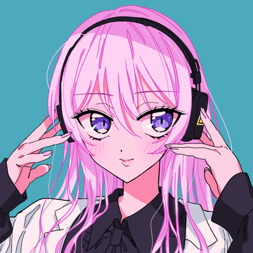 1girl black_shirt blue_background blush closed_mouth collared_shirt commentary_request hair_between_eyes headphones highres long_hair long_sleeves looking_at_viewer marshall_maximizer_(cevio) megurine_luka pink_hair project_sekai shirt simple_background sleeves_past_wrists sodapop_(iemaki) solo upper_body variant_set violet_eyes vocaloid