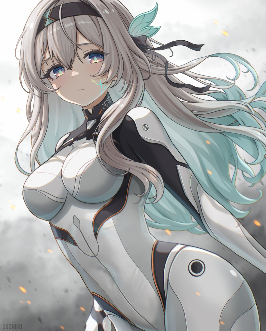 1girl absurdres aqua_hair black_hairband blue_pupils bodysuit breasts closed_mouth cowboy_shot cracked_skin dust_cloud firefly_(ar-26710)_(honkai:_star_rail) firefly_(honkai:_star_rail) floating_hair gradient_hair grey_background grey_bodysuit grey_hair hair_between_eyes hairband highres honkai:_star_rail honkai_(series) light_frown light_particles long_hair looking_at_viewer medium_breasts multicolored_hair official_alternate_costume pilot_suit solo suoniko two-tone_eyes violet_eyes