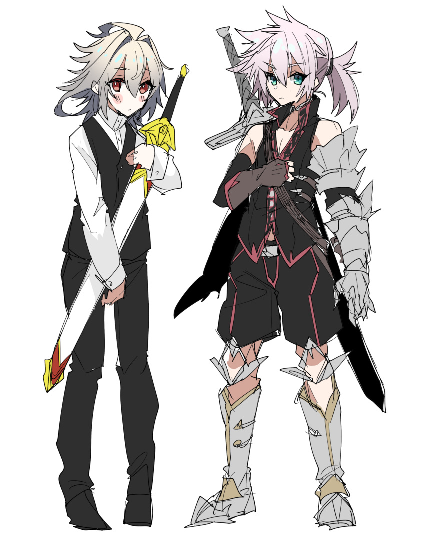 2boys ahoge aqua_eyes armor armored_boots bare_shoulders belt_buckle black_pants black_shorts black_vest blush_stickers boots brown_gloves buckle collarbone dress_shirt fate/apocrypha fate/grand_order fate_(series) fingerless_gloves gauntlets gloves greaves green_eyes grey_hair hair_between_eyes haoro high_collar highres holding holding_sheath holding_sword holding_weapon knee_pads male_focus medium_hair multiple_boys no_nose pants pectoral_cleavage pectorals ponytail red_eyes scabbard sheath sheathed shirt short_hair shorts sieg_(fate) siegfried_(fate) simple_background single_gauntlet single_glove single_hair_ring spiky_hair sword sword_on_back vest weapon weapon_on_back white_background white_shirt