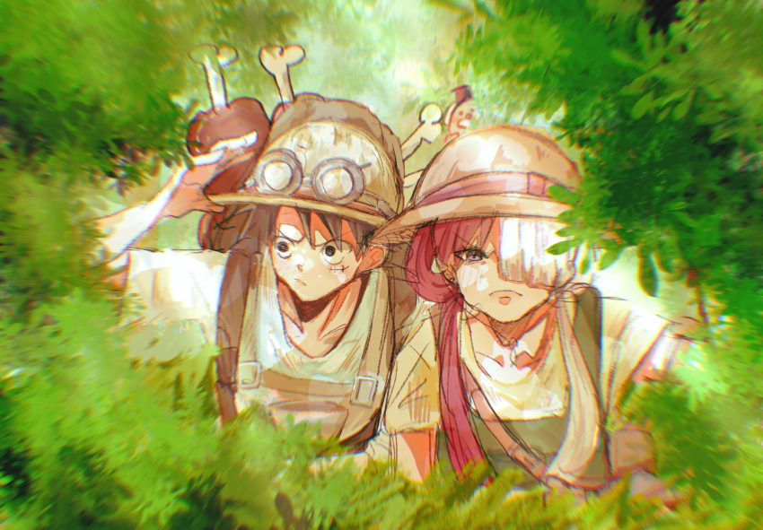 1boy 1girl arm_up black_hair commentary food forest goggles goggles_on_headwear hair_over_one_eye hat highres looking_to_the_side meat monkey_d._luffy multicolored_hair nature one_piece redhead ri_fanart scar scar_on_face short_hair straw_hat suspenders symbol-only_commentary twintails two-tone_hair upper_body uta_(one_piece) white_hair