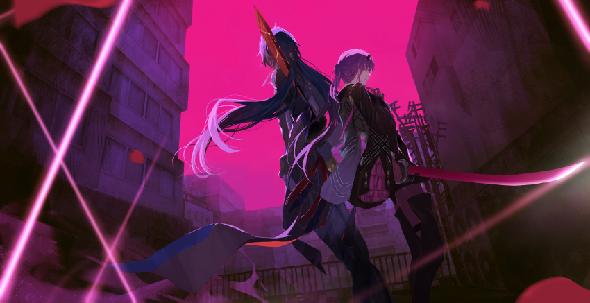 1boy 1girl absurdres back-to-back blade_(honkai:_star_rail) blue_hair boots building falling_petals feet_out_of_frame floating_hair from_behind highres holding holding_sword holding_weapon honkai:_star_rail honkai_(series) jacket jacket_on_shoulders kafka_(honkai:_star_rail) long_hair outdoors pantyhose petals pink_sky playing_with_own_hair ponytail purple_hair reverse_grip sky sword thigh_boots violet_eyes weapon zassyoku_dd