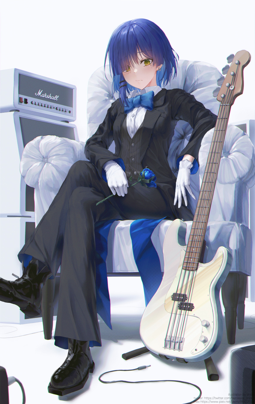 1girl absurdres alternate_costume amplifier armchair bass_guitar black_footwear black_socks black_suit blue_bow blue_flower blue_rose blush bocchi_the_rock! bow bowtie breasts cable chair closed_mouth earrings easy_chair eyes_visible_through_hair fender_precision_bass flower formal full_body gloves guitar hair_ornament hairclip highres holding holding_flower instrument jewelry large_bow looking_at_viewer maid marshall_amplification medium_breasts mole mole_under_eye nemesiss_shido on_chair rose shirt shoes short_hair sitting socks solo suit white_background white_gloves white_shirt yamada_ryo