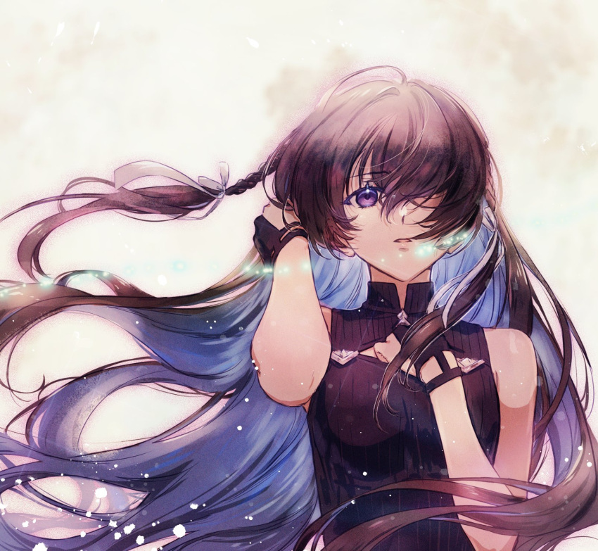 1girl black_hair blue_hair braid breasts cleavage_cutout clothing_cutout colored_inner_hair dress gloves hair_over_one_eye hand_in_own_hair hand_on_own_chest highres kuon_yuu long_hair looking_ahead medium_breasts multicolored_hair open_mouth partially_fingerless_gloves purple_dress simple_background sleeveless sleeveless_dress solo tinasha_(unnamed_memory) unnamed_memory upper_body very_long_hair violet_eyes white_background
