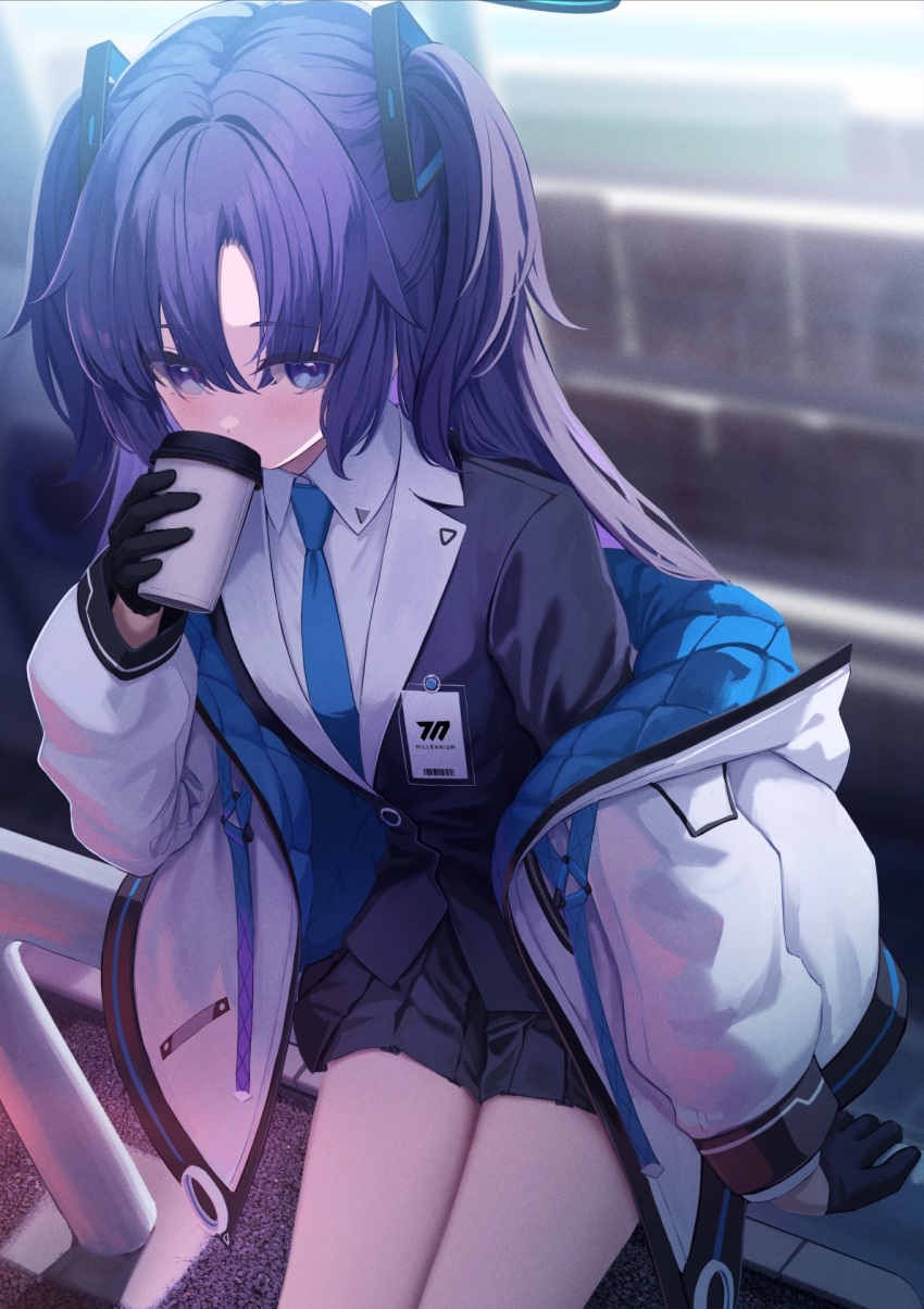 1girl black_gloves black_skirt blue_archive blue_necktie blush breasts coffee_cup collared_shirt cowboy_shot cup disposable_cup gloves hair_between_eyes halo highres holding holding_cup jacket long_hair long_sleeves looking_at_viewer mechanical_halo medium_breasts necktie open_clothes open_jacket pleated_skirt purple_hair shirt skirt solo suit takashima_shoa two-sided_fabric two-sided_jacket two_side_up violet_eyes white_jacket white_shirt yuuka_(blue_archive)