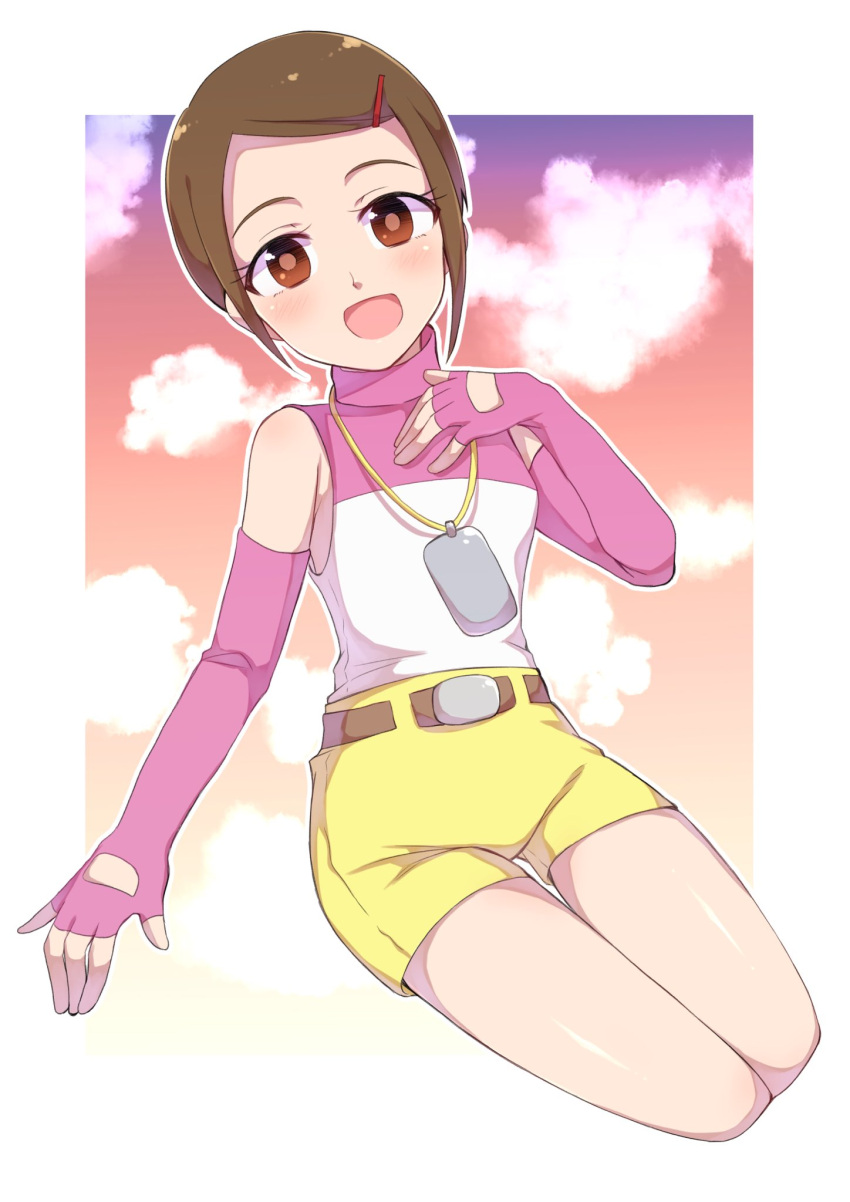 1girl belt brown_eyes brown_hair clouds digimon digimon_adventure_02 fingerless_gloves full_body gloves hair_ornament hairclip highres jewelry looking_at_viewer necklace open_mouth sanirasuto short_hair shorts smile solo yagami_hikari yellow_shorts