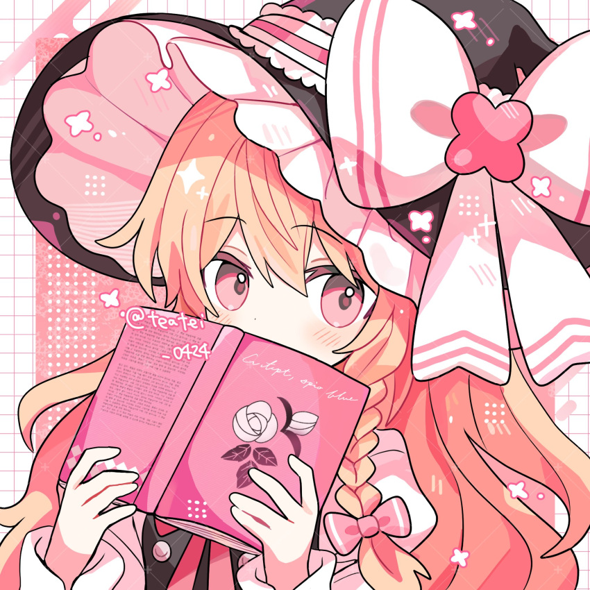 1girl black_hat black_shirt blonde_hair book commentary_request covering_own_mouth hat highres holding holding_book kirisame_marisa pink_background pink_eyes shirocha_tei shirt solo touhou upper_body white_shirt witch_hat