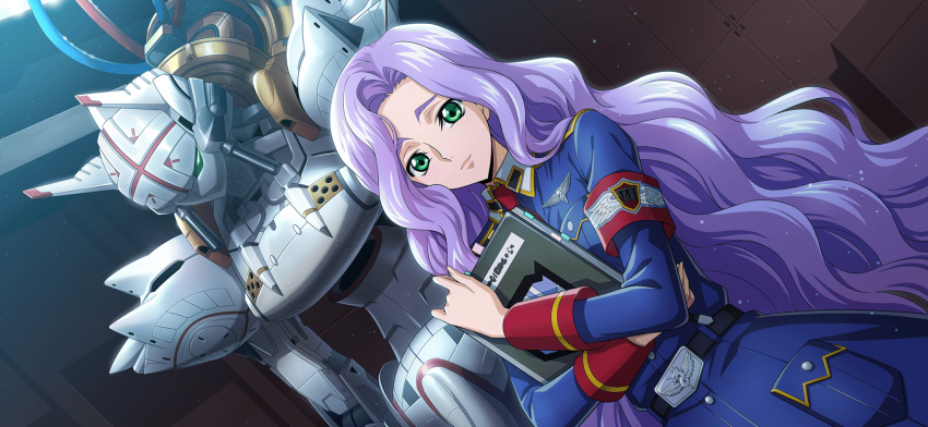 1girl alexander_(boukoku_no_akito) anna_clement armband artist_request belt belt_buckle blue_dress book bookmark breast_pocket buckle buttons cable closed_mouth code_geass code_geass:_lost_stories collared_dress crossed_arms dress forehead game_cg green_eyes hair_intakes hand_up highres holding holding_book hugging_object indoors light_particles long_hair long_sleeves looking_at_viewer mecha military_uniform necktie non-web_source official_art pocket purple_hair red_necktie robot sidelocks solo standing uniform upper_body very_long_hair