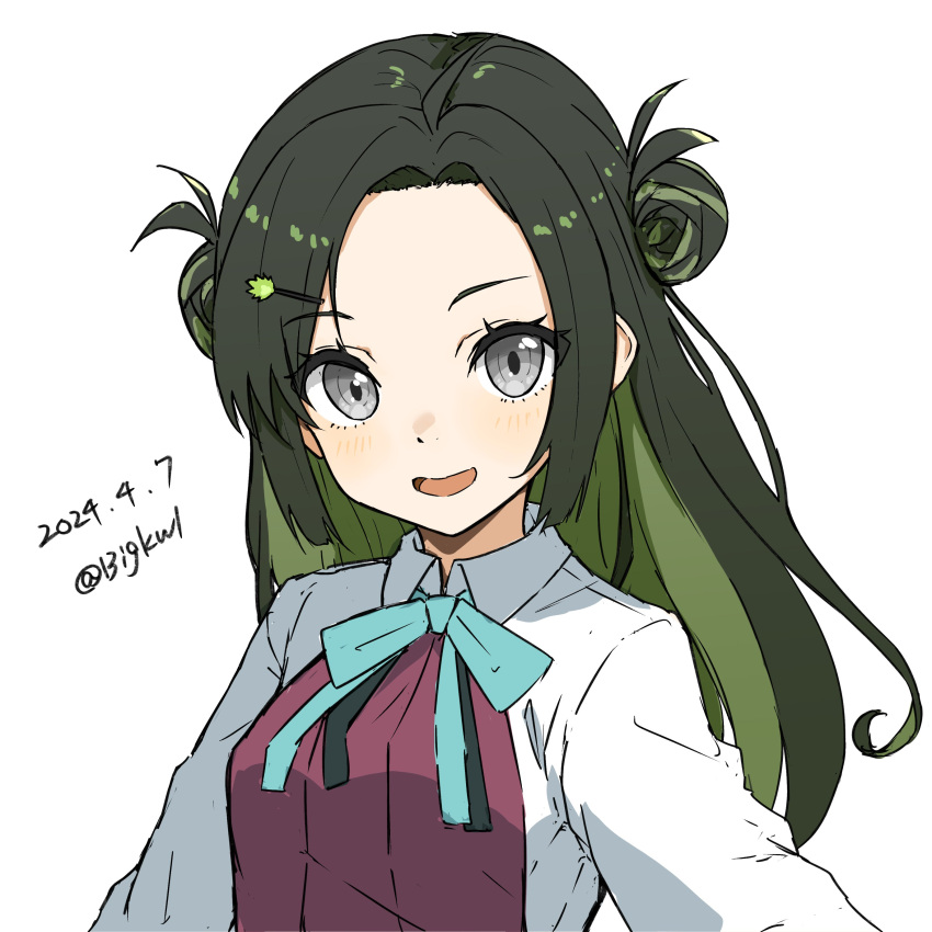 1girl absurdres bigkwl black_hair bow bowtie collared_shirt dated dress green_hair grey_eyes hair_bun hair_ornament hairclip highres kantai_collection long_hair long_sleeves looking_at_viewer makinami_(kancolle) multicolored_hair one-hour_drawing_challenge open_mouth purple_dress school_uniform shirt simple_background solo twitter_username upper_body white_background white_shirt