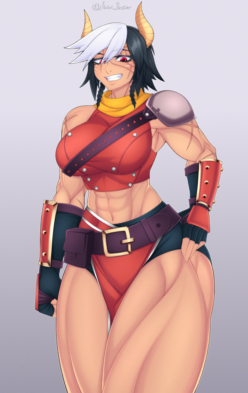 1girl abs absurdres biceps breasts dark-skinned_female dark_skin emma_pressure highres horns large_breasts mature_female multiple_scars muscular muscular_female red_eyes scar short_hair thick_thighs thighs