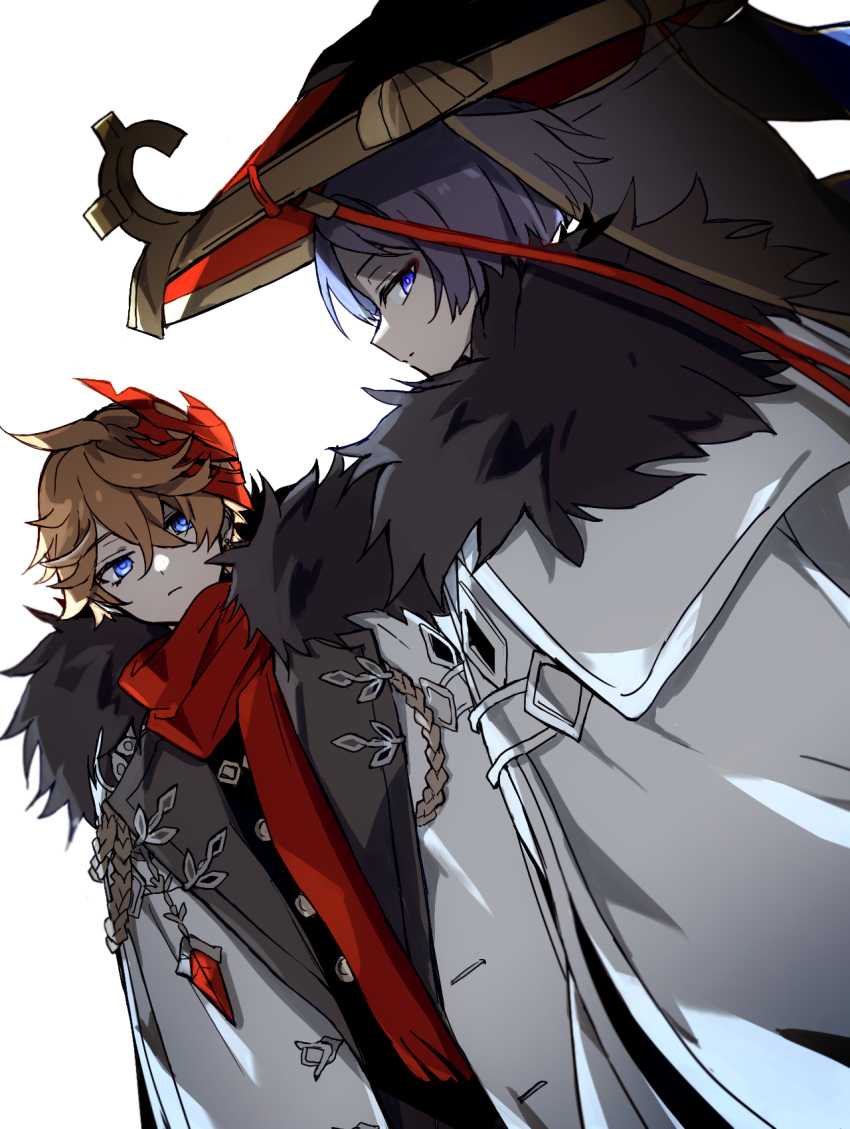 2boys ahoge aiguillette black_hair blue_eyes blunt_ends closed_mouth coat commentary_request crossed_bangs dutch_angle eyeshadow from_behind frown fur-trimmed_coat fur_trim genshin_impact gold_trim hair_between_eyes hat highres jingasa lapels looking_at_viewer looking_back makeup male_focus mask mask_on_head multiple_boys open_clothes open_coat orange_hair parted_bangs ra_suya red_eyeshadow red_hat red_mask red_scarf scaramouche_(genshin_impact) scarf serious short_hair simple_background tartaglia_(genshin_impact) veil violet_eyes white_background white_coat