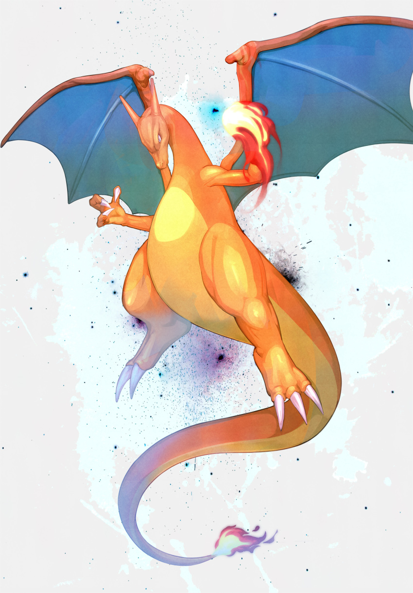 absurdres animal_focus arm_up blue_eyes charizard claws closed_mouth commentary constricted_pupils dragon eye_trail fire flame-tipped_tail flying full_body grey_background hand_up highres kikken light_trail no_humans pokemon pokemon_(creature) solo spread_wings wide-eyed