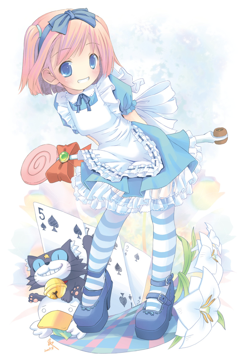 1girl absurdres ah-kun alice_(alice_in_wonderland) alice_(alice_in_wonderland)_(cosplay) alice_in_wonderland apron arms_behind_back blue_eyes blue_skirt blush bob_cut bow candy card checkered_floor cosplay floating_card flower food frills grin hairband highres holding ka-kun lily_(flower) lollipop moetan nijihara_ink no_nose photoshop_(medium) pink_hair pop_(electromagneticwave) ribbon short_hair skirt smile solo striped_clothes striped_thighhighs thigh-highs two_side_up wand