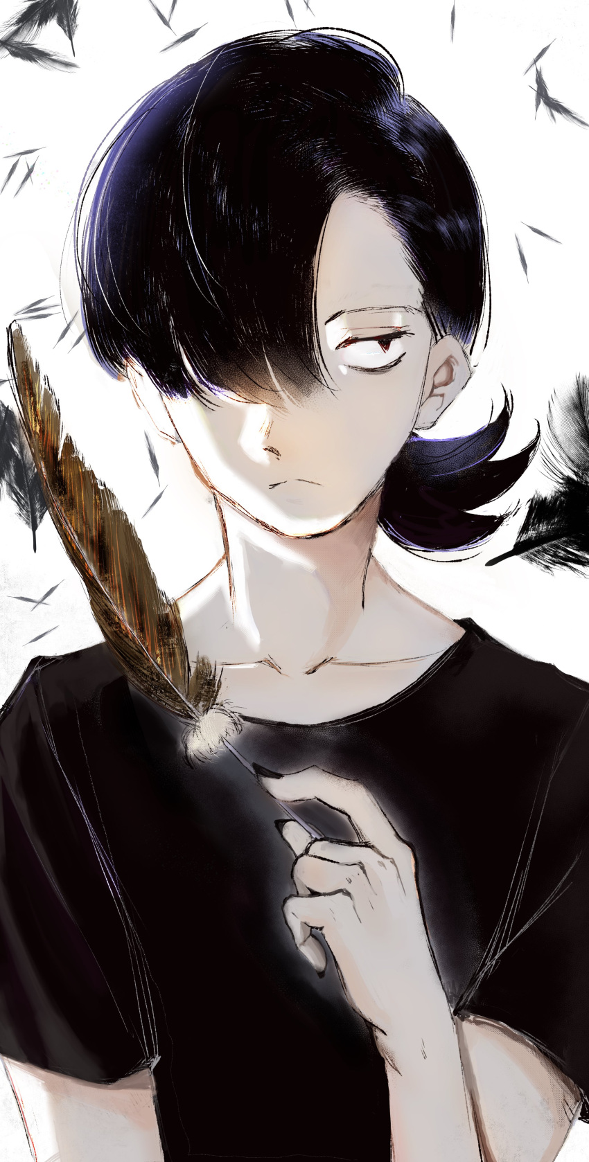 1boy absurdres black_feathers black_hair black_shirt brown_feathers choujin_x facing_viewer feathers frown hair_over_one_eye highres holding holding_feather kurohara_tokio_(choujin_x) light_frown looking_to_the_side male_focus pinching rikarikkaaaa shirt t-shirt white_background