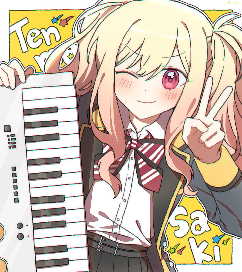 1girl black_jacket black_skirt blonde_hair blush border bow bowtie character_name closed_mouth cocov collared_shirt cowboy_shot hair_between_eyes hand_up highres holding holding_instrument instrument jacket keyboard_(instrument) leaning_to_the_side long_hair long_sleeves looking_at_viewer one_eye_closed open_clothes open_jacket outside_border pleated_skirt project_sekai red_bow red_bowtie red_eyes shirt shirt_tucked_in sidelocks simple_background skirt smile solo tenma_saki twintails v v-shaped_eyebrows white_border white_shirt yellow_background