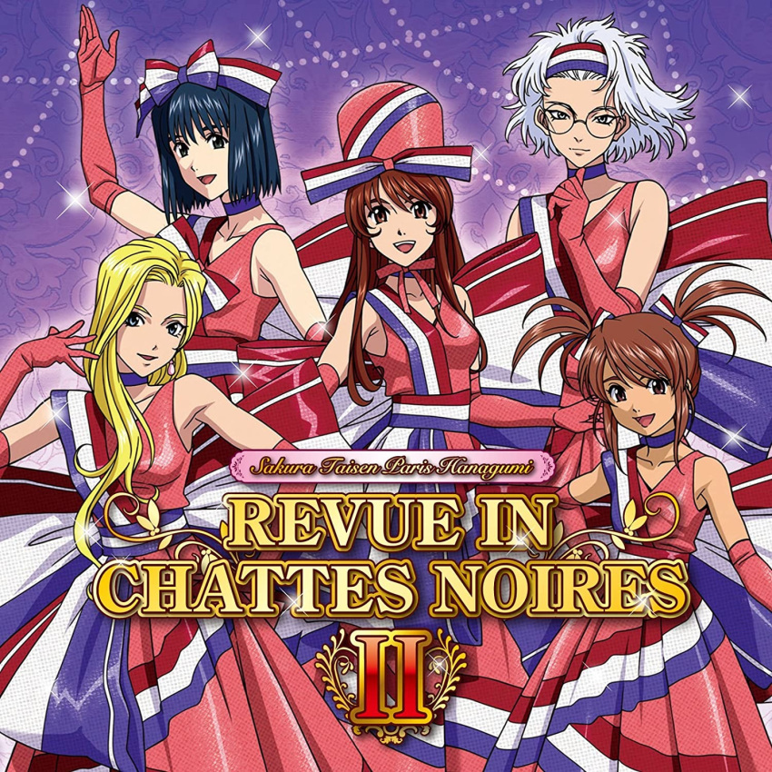 5girls :d album_cover arm_above_head arm_up artist_request back_bow bare_shoulders black_hair blonde_hair blue_choker bow brown_hair child choker closed_mouth collarbone copyright_name coquelicot_(sakura_taisen) cover dots dress earrings elbow_gloves english_text erica_fontaine everyone french_flag_bow french_flag_headband french_flag_print french_flag_sash gloves glycine_bleumer green_eyes group_picture hair_between_eyes hair_tie half_updo headband highres jewelry kitaooji_hanabi light_brown_hair lobelia_carlini long_hair looking_at_viewer multiple_girls official_art open_mouth pink_dress pink_gloves pink_hair pink_ribbon ponytail purple_background ribbon roman_numeral sakura_taisen sakura_taisen_iii short_hair sidelocks smile straight_hair striped_headband striped_ribbon striped_sash third-party_source wavy_hair white_hair