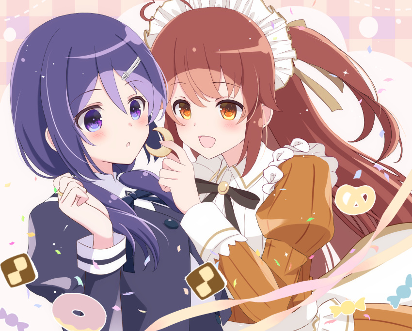 2girls :d ahoge apron assault_lily black_ribbon blush brown_dress brown_hair brown_ribbon candy checkerboard_cookie commentary_request confetti cookie cropped_jacket doughnut dress feeding food hair_ornament hair_ribbon hairclip hand_up heart heart_ahoge highres holding holding_cookie holding_food jewelry juliet_sleeves light_particles long_hair long_sleeves looking_at_another looking_at_food low_twintails maid maid_headdress mizuha_(dreamchild_0504) multiple_girls neck_ribbon one_side_up open_mouth orange_eyes parted_lips pink_background plaid plaid_background pretzel puffy_sleeves purple_hair ribbon ring school_uniform shirt smile takasuga_tsukushi twintails upper_body violet_eyes waist_apron watanabe_akane white_apron white_background white_shirt yurigaoka_girls_academy_school_uniform
