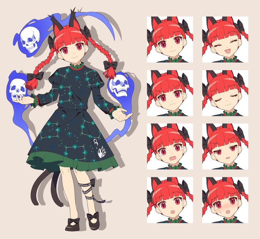 4rion absurdres animal_ears black_bow black_footwear black_ribbon black_tail bow cat_ears cat_tail closed_eyes closed_mouth commentary_request dress expressions extra_ears footwear_bow frilled_sleeves frills full_body green_dress grey_background hair_bow highres hitodama juliet_sleeves kaenbyou_rin long_sleeves mary_janes multiple_views neck_ribbon open_mouth puffy_sleeves red_eyes redhead ribbon shin_strap shoes simple_background skull standing tachi-e tail touhou