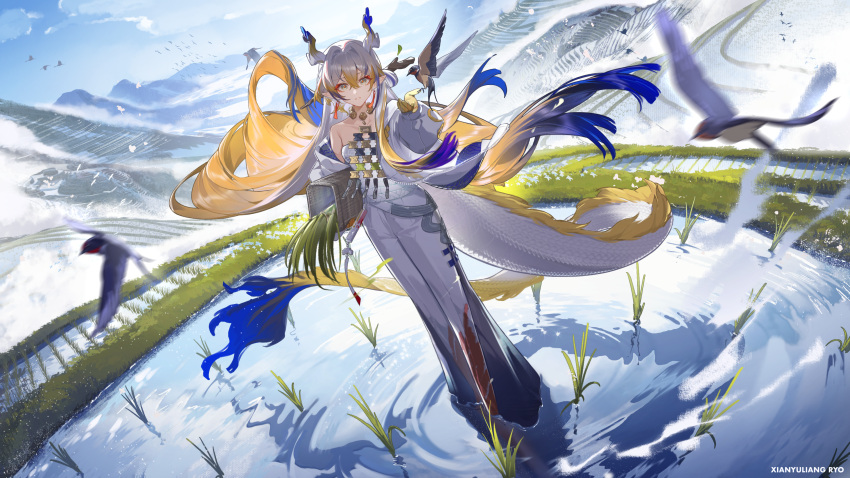 1girl absurdres arknights artist_name bird blue_sky chinese_commentary clouds cloudy_sky commentary_request dragon_girl dragon_horns dragon_tail full_body hair_between_eyes highres horns looking_at_viewer multicolored_hair outdoors outstretched_arm rice rice_paddy shu_(arknights) sky solo tail terrace water xianyu_liang