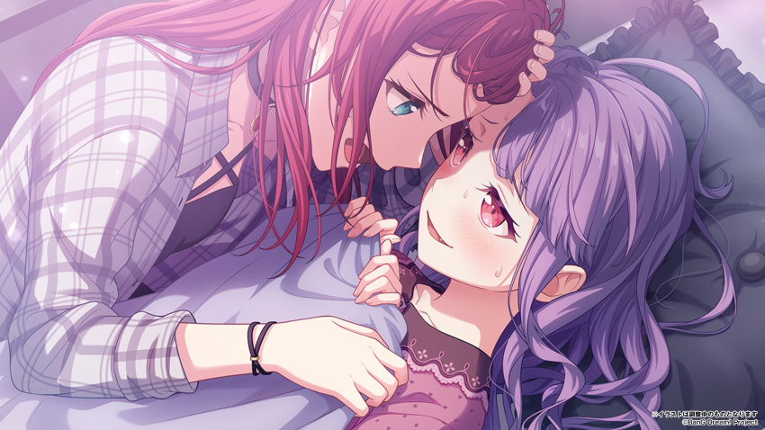 2girls bang_dream! black_choker black_shirt blue_eyes blush choker commentary_request eye_contact fang forehead-to-forehead heads_together highres jacket long_hair looking_at_another lying multiple_girls official_art open_clothes open_jacket open_mouth pajamas purple_hair red_eyes redhead shirt siblings sidelocks sisters sweatdrop udagawa_ako udagawa_tomoe under_covers white_jacket