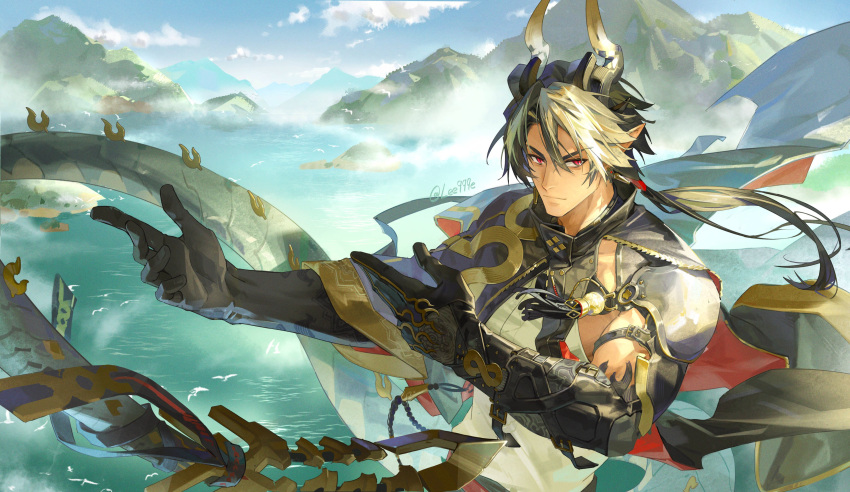 1boy absurdres arknights black_cape black_hair black_skin blonde_hair blue_sky cape chong_yue_(arknights) clouds colored_skin commentary_request dragon_boy dragon_horns dragon_tail highres horns lee999nine looking_at_viewer low_ponytail mountain multicolored_hair pointy_ears ponytail red_cape red_eyes shirt sky streaked_hair tail twitter_username two-sided_cape two-sided_fabric two-tone_hair upper_body white_shirt