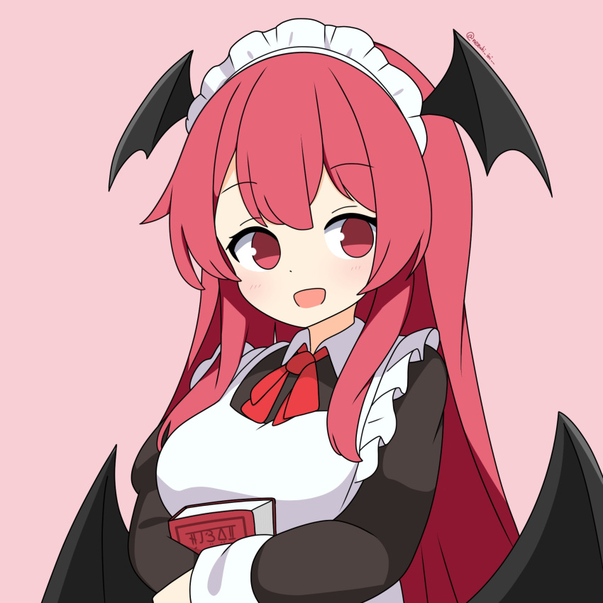 1girl :d alternate_costume apron bat_wings black_dress black_wings blush book bow breasts commentary_request dot_nose dress enmaided eyelashes frilled_apron frills hair_between_eyes head_wings highres holding holding_book hugging_book hugging_object koakuma long_hair long_sleeves looking_at_viewer looking_to_the_side low_wings maid medium_breasts nezuki_ini pink_background red_bow red_eyes redhead sidelocks simple_background smile solo split_mouth touhou twitter_username upper_body white_apron wings
