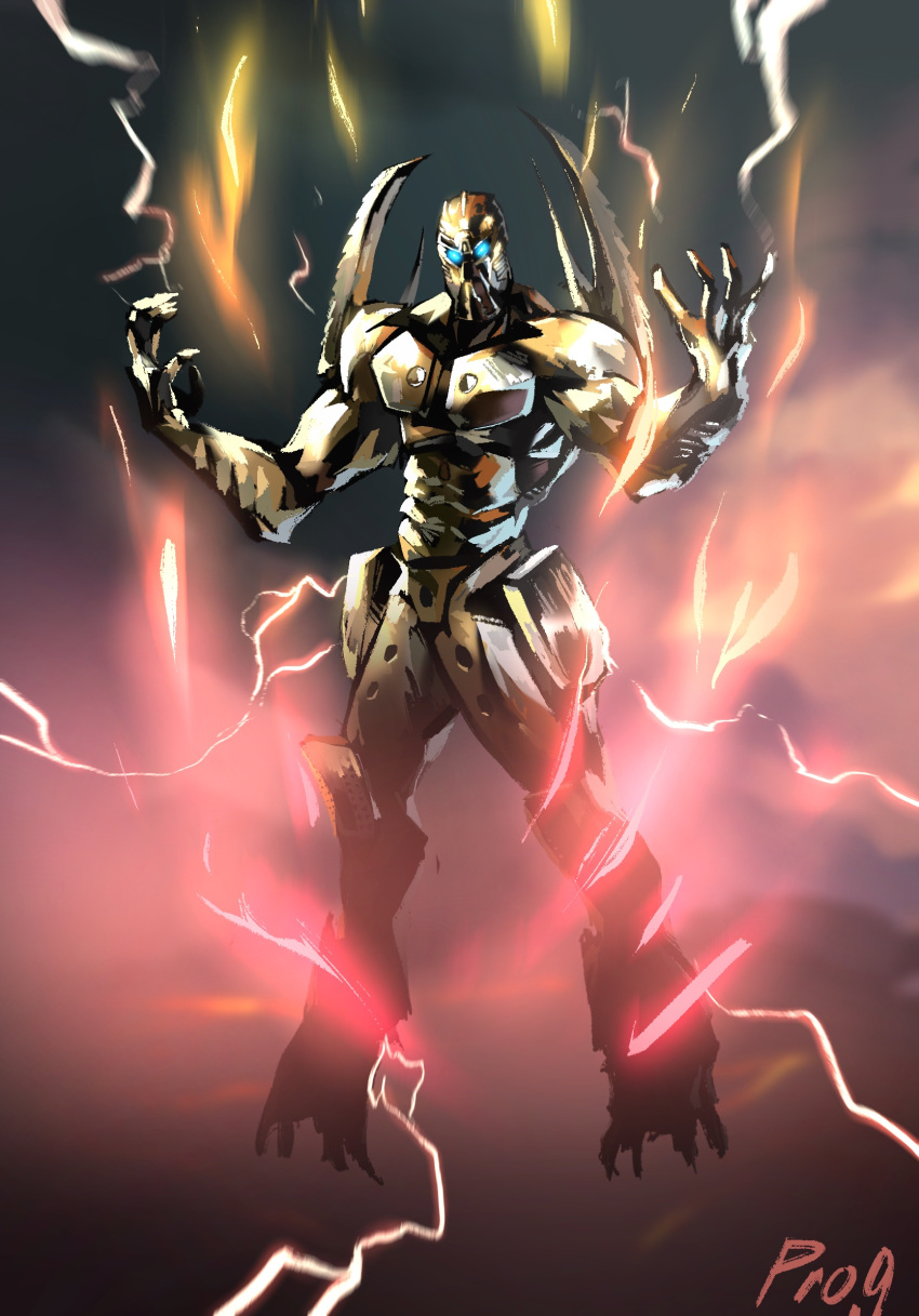 1boy bionicle blue_eyes electricity english_commentary glowing glowing_eyes head_tilt highres kanohi_(bionicle) looking_at_viewer mata_nui_(toa)_(bionicle) open_hands powering_up prog_ares solo the_lego_group
