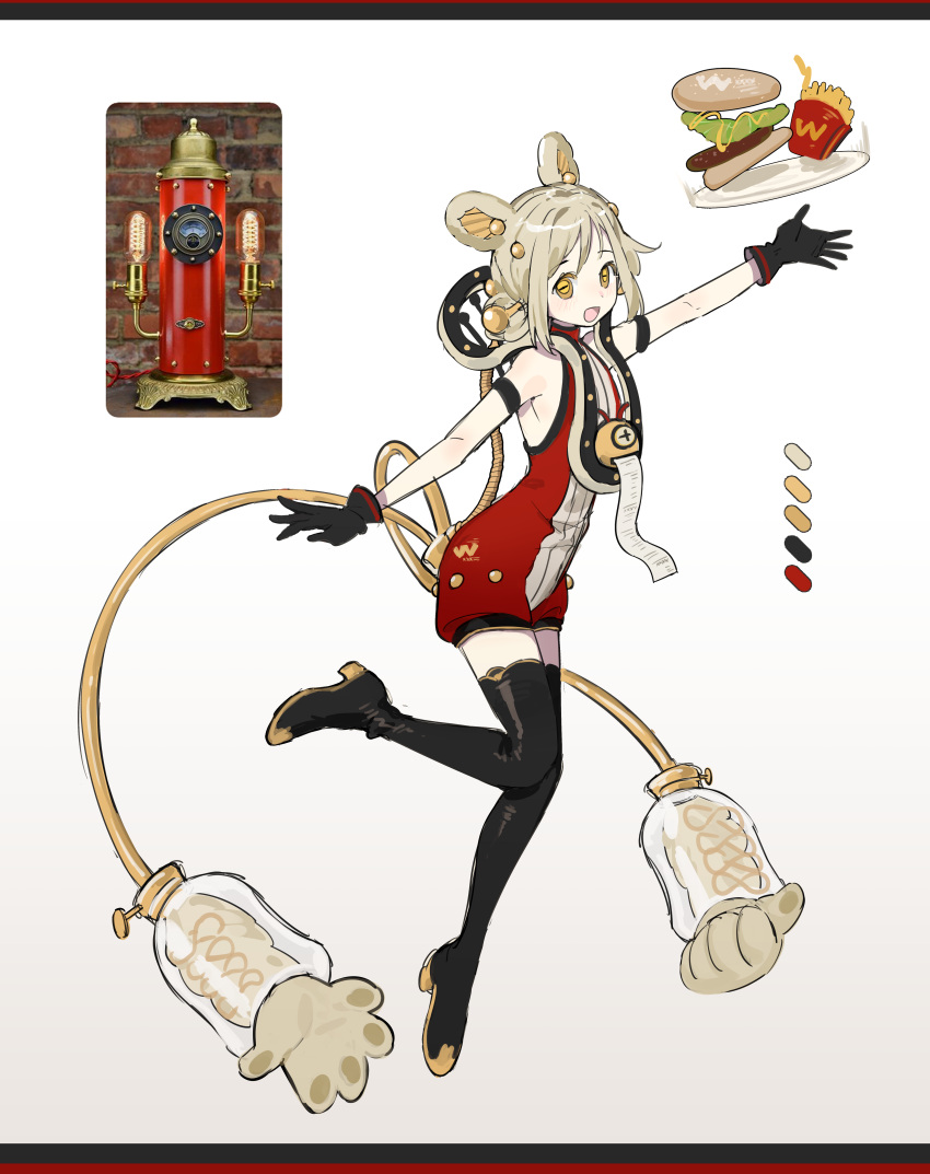 1girl absurdres animal_ears armlet bare_shoulders black_footwear black_gloves blonde_hair boots burger chinese_commentary collar color_guide commentary_request eyelashes food french_fries full_body gloves gradient_background hair_bun high_heel_boots high_heels highres horizontal_pupils letterboxed mechanical_tail mouse_ears original outstretched_arms personification plate receipt red_collar red_romper reference_inset romper short_hair simple_background single_hair_bun solo tail thigh_boots wcdonald's white_background wo_jiji yellow_eyes