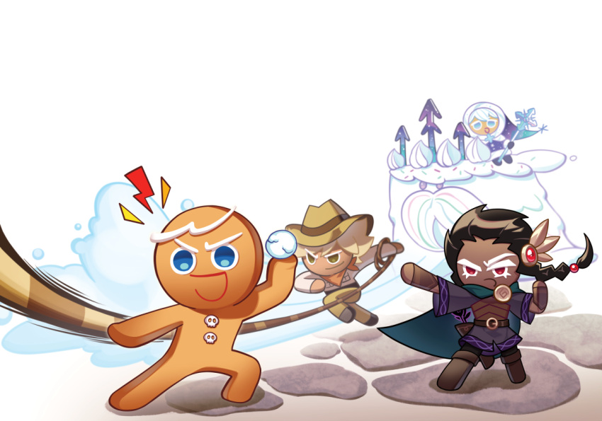 1other 3boys adventurer_cookie belt black_hair blonde_hair blue_eyes braid cape character_request commentary_request cookie_run cookie_run:_braverse dark-skinned_male dark_skin gingerbrave gingerbread_man hat holding korean_commentary multiple_boys neckerchief official_art pikett_iv red_eyes rope single_braid snow_sugar_cookie snowball standing