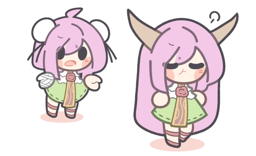 2girls :t baek_ban bandaged_hand bandages blush_stickers bun_cover chibi chibi_only closed_eyes gold_trim horns ibaraki_douji's_arm ibaraki_kasen long_hair multiple_girls open_mouth pink_hair puff_of_air purple_tabard rayman_limbs red_footwear ribbon-trimmed_skirt ribbon_trim shirt simple_background tabard touhou white_background white_shirt