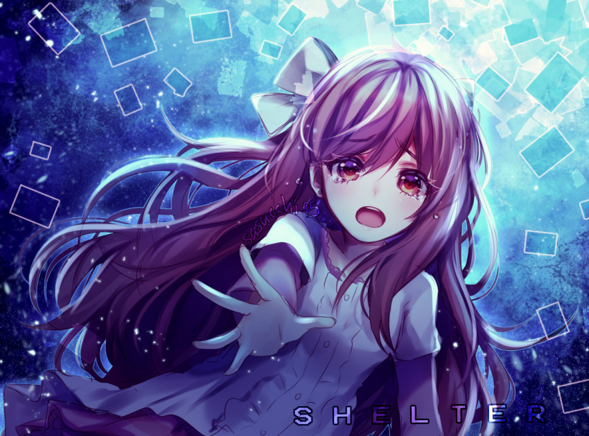 1girl aqua_background arm_at_side artist_name blue_aura blue_background brown_hair buttons center_frills child collarbone commentary copyright_name crying dress english_commentary foreshortening frills gradient_background hair_behind_ear layered_dress layered_sleeves long_hair long_sleeves looking_at_viewer multicolored_eyes open_mouth orange_eyes pink_dress rin_(shelter) sasucchi95 shelter_(song) short_sleeves solo tearing_up tears teeth two-tone_eyes upper_body upper_teeth_only violet_eyes white_dress