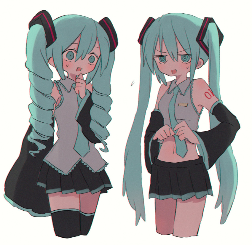 2girls black_skirt black_thighhighs blue_eyes blue_hair blue_necktie breasts detached_sleeves drill_hair hatsune_miku highres long_hair long_sleeves multiple_girls navel necktie open_mouth pleated_skirt ri_(qrcode) simple_background skirt small_breasts sweat thigh-highs twin_drills twintails vocaloid white_background