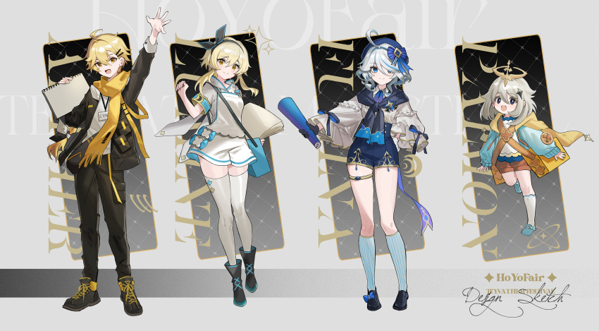 1boy 3girls absurdres aether_(genshin_impact) ahoge alternate_costume black_bow black_bowtie black_eyes black_shirt blonde_hair blue_eyes blue_hair book bow bowtie character_name flying full_body furina_(genshin_impact) genshin_impact hairband hayama_eishi highres holding holding_book leg_up light_blue_hair looking_at_viewer lumine_(genshin_impact) multiple_girls paimon_(genshin_impact) picture_book scarf shirt short_hair simple_background socks staff standing standing_on_one_leg tachi-e thigh-highs thigh_strap white_hair white_socks white_thighhighs yellow_eyes yellow_scarf