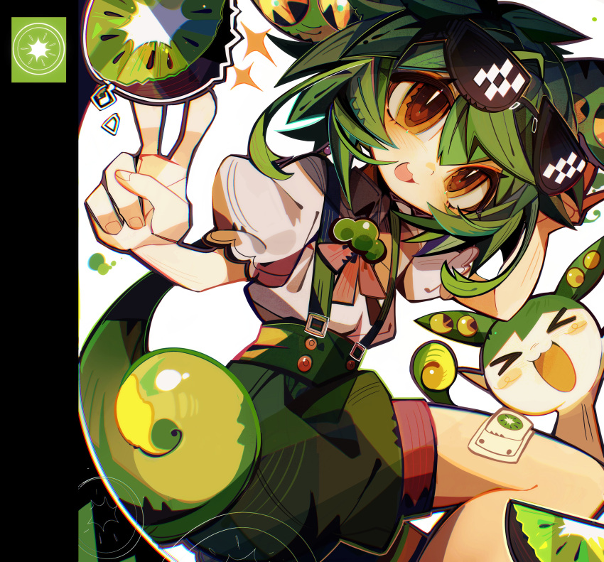 1girl absurdres bandaid bandaid_on_leg creature creature_and_personification eyewear_on_head fingernails food from_side fruit green_hair green_shorts hashtag_only_commentary highres kiwi_(fruit) looking_at_viewer looking_to_the_side murkmia open_mouth orange_eyes puffy_short_sleeves puffy_sleeves shirt short_sleeves shorts smile solo sparkle sunglasses suspender_shorts suspenders v voiceroid voicevox white_background white_shirt zundamon