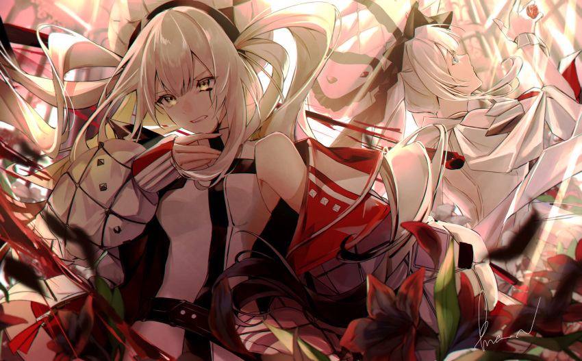 2girls absurdres black_tears blue_eyes dress fate/grand_order fate_(series) flower grey_hair hat highres jacket long_hair marie_antoinette_(alter)_(fate) marie_antoinette_(fate) marie_antoinette_(third_ascension)_(fate) multiple_girls runaruna1444 signature single_tear twintails white_dress white_jacket yellow_eyes