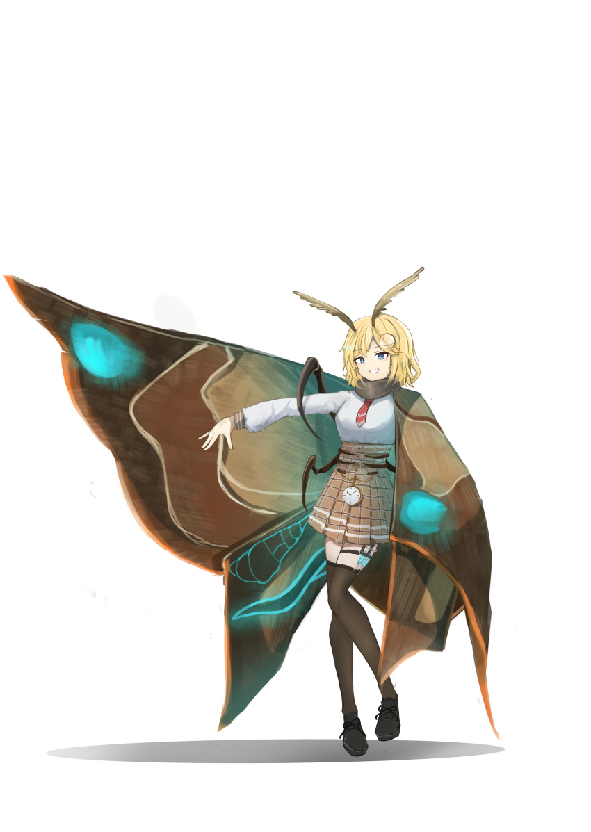 1girl absurdres antennae arthropod_girl arthropod_limbs baozha_agong belt black_footwear blonde_hair blue_eyes breasts brown_scarf chain commentary cosplay crossover full_body glowing godzilla_(series) gold_chain highres hololive hololive_english insect_wings light_blush long_sleeves looking_at_viewer medium_breasts medium_hair monocle monster_girl moth_girl moth_wings mothra mothra_(cosplay) mothra_(monsterverse) necktie plaid plaid_skirt pleated_skirt pocket_watch red_necktie scarf shadow shirt simple_background skirt smile solo standing syringe teeth thigh-highs thigh_belt thigh_strap virtual_youtuber watch watson_amelia watson_amelia_(1st_costume) white_background white_shirt wings